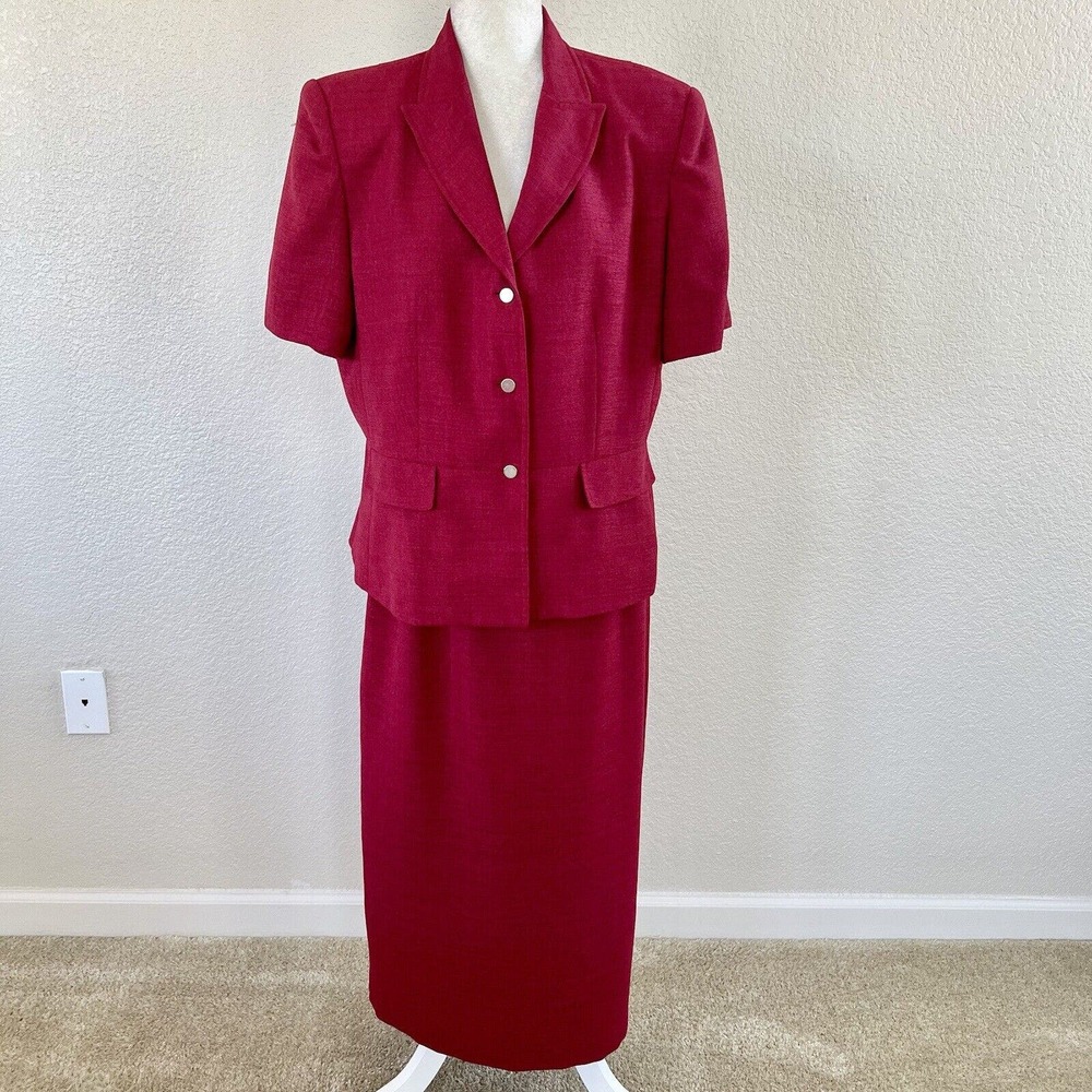 Morgan Miller Suit Set Maroon Red Blazer Jacket Pencil Knee Skirt SIZE 14 VTG